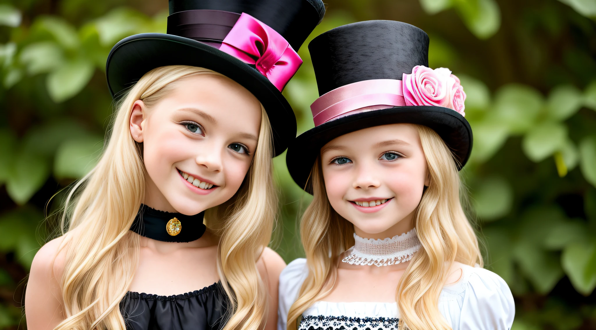 Dos chicas jóvenes con sombreros de copa y vestidos posando para una foto.  - SeaArt AI