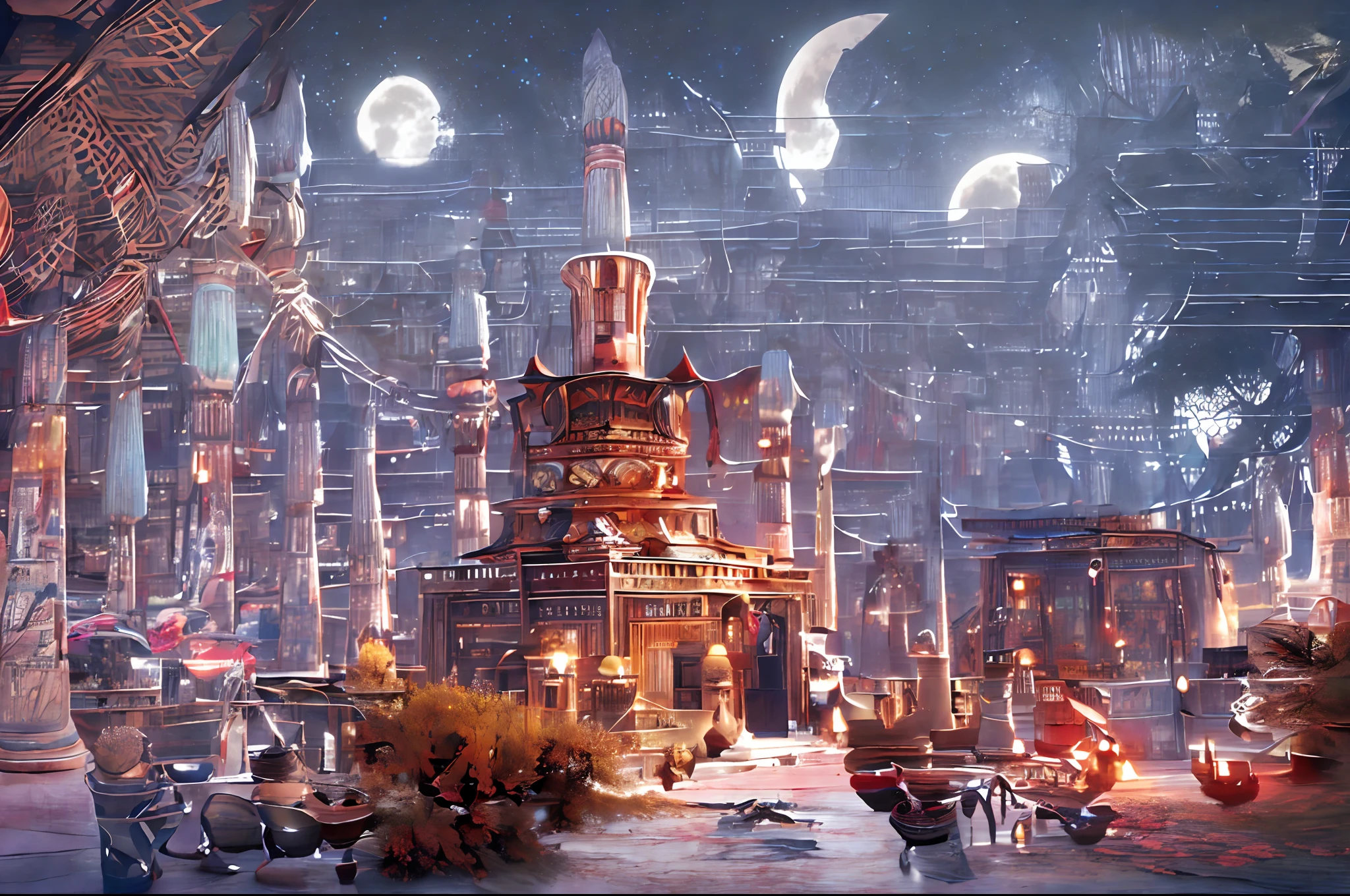 there is a large futuristic masterpiece Arabian palace in the middle of a futuristic arabian city with a moon, in fantasy sci - fi city, sci-fi fantasy wallpaper, masterpiece Quranic art cityscape, epic   Quranic art sci fi illustration, huge futuristic Quranic art city, fantasy scifi, sci-fi fantasy desktop wallpaper, Quranic art city background, in front of a fantasy city, fantasy city, in a castle on an alien planet with masterpiece Quranic art