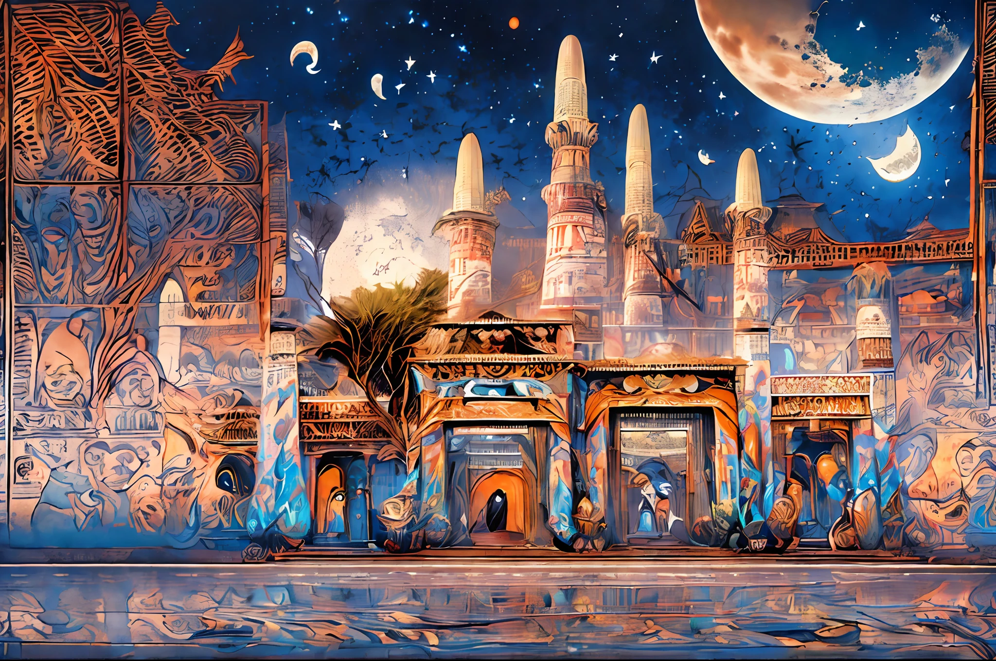 在一座有月亮的未來阿拉伯城市中央有一座大型未來主義傑作阿拉伯宮殿, 在奇幻科幻城市, 科幻幻想桌布, 傑作《古蘭經》藝術城市景觀, 史詩古蘭經藝術科幻插畫, 巨大的未來派古蘭經藝術城, 奇幻科幻, 科幻奇幻桌面壁紙, 古蘭經藝術城市背景, in front of a 幻想城, 幻想城, 在外星球的一座城堡裡，欣賞古蘭經藝術傑作