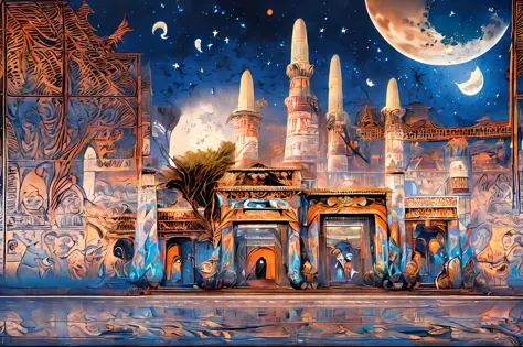 there is a large futuristic masterpiece Arabian palace in the middle of a futuristic arabian city with a moon, in fantasy sci - ...