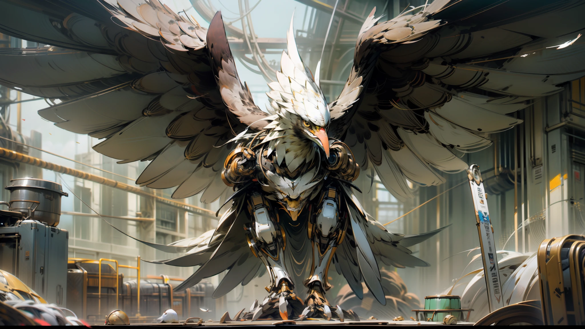 Mechanical eagle with wings spread high, placed in the center of the frame, facing the audience frontally, eagle in network armor, ((((eagle))), ((bilateral symmetry))), mechanical feathers, plus part of the reelmech tube with bone and shell, red biomechanical details, highly realistic concept art, film quality monocular camera photo quality, ultra-detailed digital art, detailed digital concept art, highly detailed digital artwork, realistic complex concept art, surrealist concept art, beautiful digital artwork, robot bird, highly detailed digital art, high-quality digital concept art,