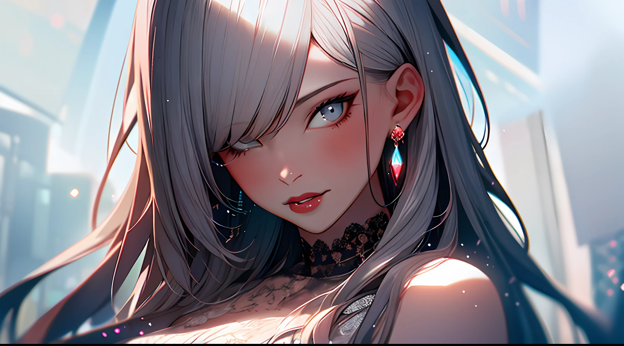 1girl, solo, portrait, lips, gem, bairs, close-up, grey eyes, white hair, looking at viewer, long hair, 2B in wedding dress, game character, lace white dress of Arad image woman, transparent lace, fabric panels, Sakimi Chan, Rossdraw Sakimimichan, ArtStation Artgerm on Pixiv, Artgerm in great detail, [8K digital art]!, Sakimichan, popular on ArtStation Pixiv, WLOP and Sakimichan,! Dream Art Germ, Huge Tits, Plump Figure, Fleshy, Very Long Hair, Colorful, HDR, Ray Tracing, NVIDIA RTX, Super Resolution, Unreal 5, Subsurface Scattering, PBR Textures, Post Processing, Anisotropic Filtering, Depth of Field, Maximum Clarity and Sharpness, Rule of Thirds, 16k Prist, (Glowing Particles: 1.4), Extremely Detailed CG, Unity 8k Wallpaper, 3D, Cinematic Lighting, Lens Vires, Reflections, Sharp Focus, Realistic, Highly Detailed CG Illustration, extremely delicate and beautiful cinematic light, (realistic: 1.5), (dark background: 1.5), dynamic angle, masterpiece, best quality, super detailed, illustration, detailed light, dramatic_shadow, face shadows, extra details, best performance,