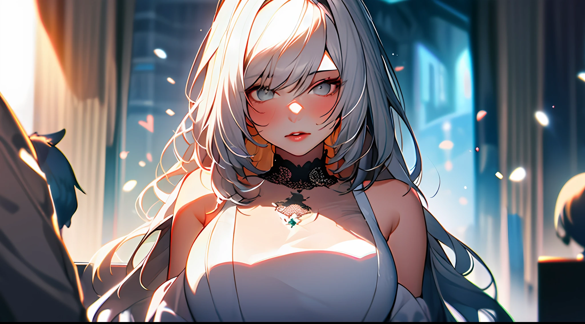 1girl, solo, portrait, lips, gem, bairs, close-up, grey eyes, white hair, looking at viewer, long hair, 2B in wedding dress, game character, lace white dress of Arad image woman, transparent lace, fabric panels, Sakimi Chan, Rossdraw Sakimimichan, ArtStation Artgerm on Pixiv, Artgerm in great detail, [8K digital art]!, Sakimichan, popular on ArtStation Pixiv, WLOP and Sakimichan,! Dream Art Germ, Huge Tits, Plump Figure, Fleshy, Very Long Hair, Colorful, HDR, Ray Tracing, NVIDIA RTX, Super Resolution, Unreal 5, Subsurface Scattering, PBR Textures, Post Processing, Anisotropic Filtering, Depth of Field, Maximum Clarity and Sharpness, Rule of Thirds, 16k Prist, (Glowing Particles: 1.4), Extremely Detailed CG, Unity 8k Wallpaper, 3D, Cinematic Lighting, Lens Vires, Reflections, Sharp Focus, Realistic, Highly Detailed CG Illustration, extremely delicate and beautiful cinematic light, (realistic: 1.5), (dark background: 1.5), dynamic angle, masterpiece, best quality, super detailed, illustration, detailed light, dramatic_shadow, face shadows, extra details, best performance,