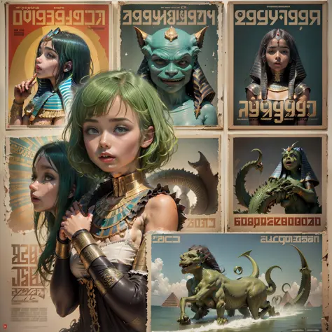 ((CCCP Poster, Soviet Poster)) ((( a ancient Egyptian girl, with short green hair, riding a wild angy monster))) propaganda Post...