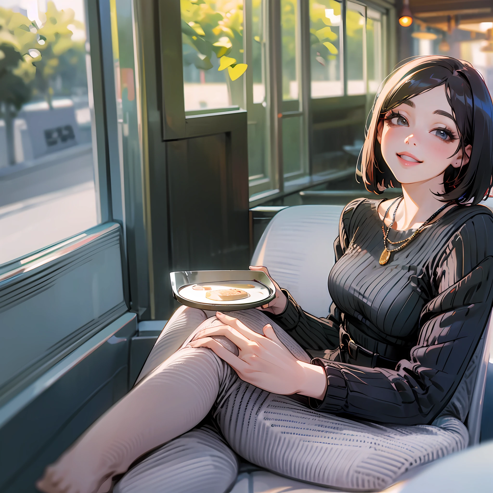 8k uhd, dslr,film grain, Fujifilm XT3,(best quality:1.3), (masterpiece:1.1), high resolution, cinematic light, intricate details, (photorealistic),outside,beautiful outside,sunny,
korean girl,(in cafe:1.5) , dimples, bobcut, looking at viewer, detailed trees, ribbons, bowties, bare shoulders, ribbed sweater, 
pencil skirt, high-waist skirt, head rest, sitting, indoors,
 necklace,black pantyhose, sheet transportation sweater, (smile),(full body:1.6),slender, --auto --s2