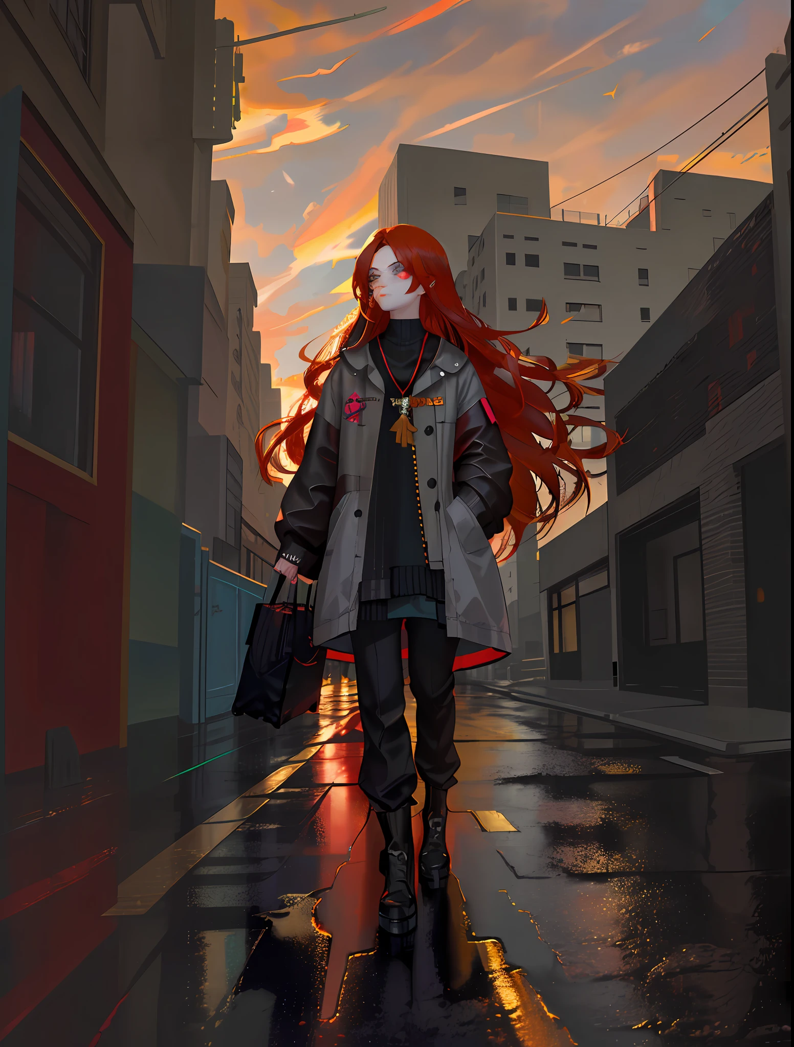 masterpiece, best quality, masterpiece, divine quality, divine art, highly detailed face, highly realistic, closeup, face only, cyberpunk outfit, lights, beautiful, young, big eyes, long hair, long eyelashes, black and red hair color, bright eyes, makeup, random skin color, rain, walking in the street, city in the background, blush, sunlight, golden hour, random skycolor, random sun color,  random light color, dawn lighting, dawn lighting