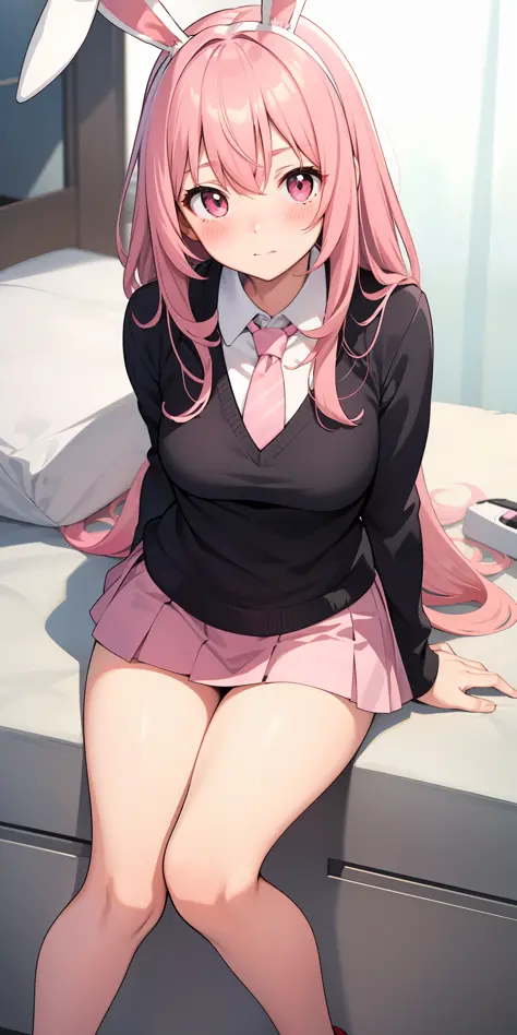 Anime girl with pink hair and bunny ears in pink tie, pink eyes, shy blush