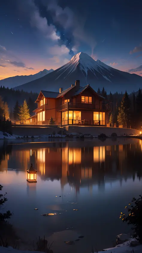 A charming wallpaper depicts a mountain at sunset, with a gentle gradient between day and night. The starry sky adds a magical touch to the scene, while small houses lit up around the mountain emanate a warm glow. Ahead, a wide lake reflects the colors of ...