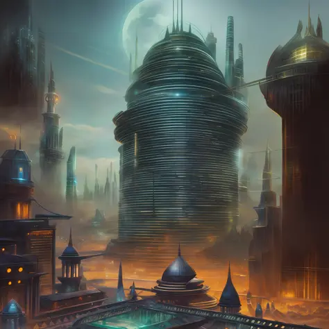 there is a large futuristic masterpiece Arabian castle in Quranic art style in the middle of a futuristic city with a moon, in f...