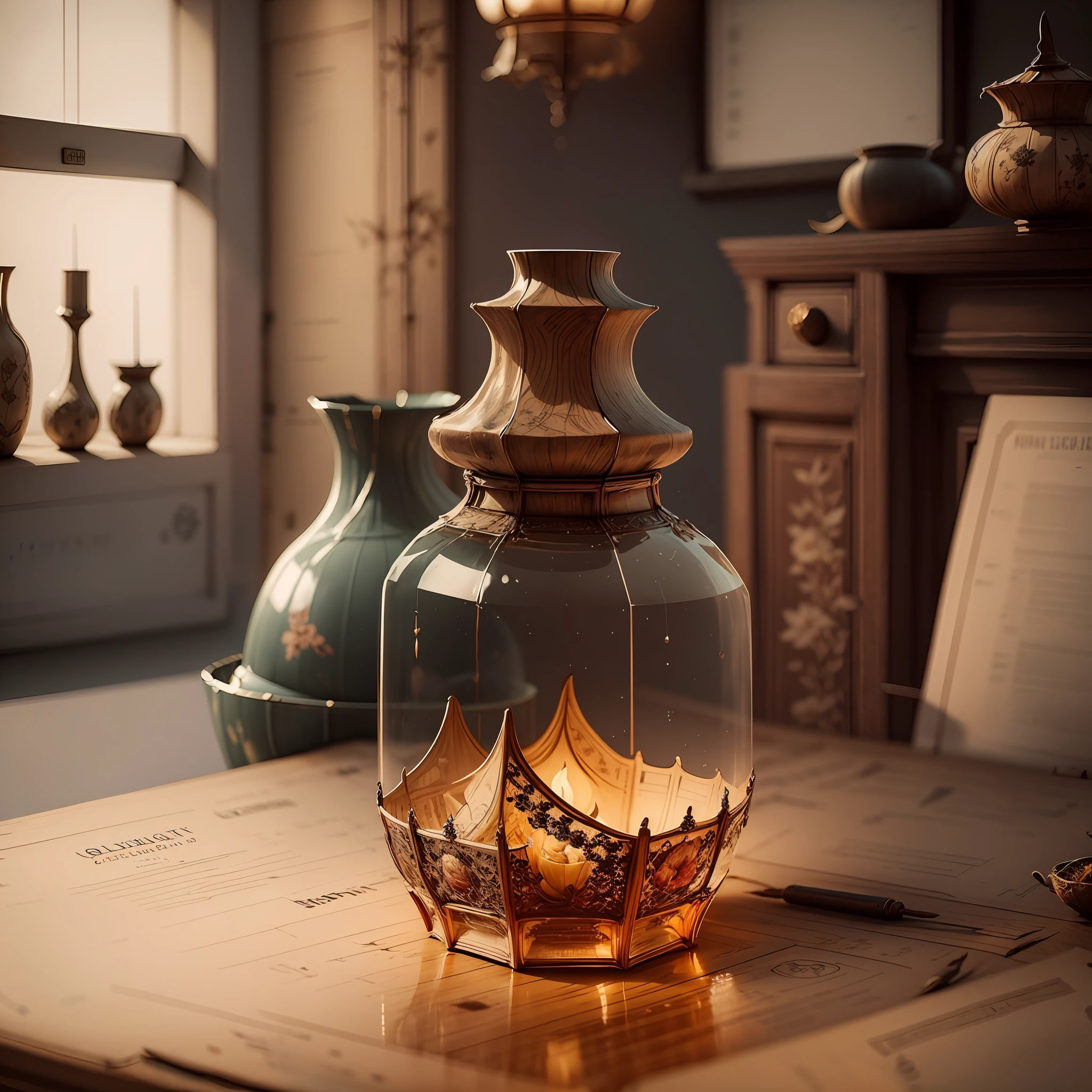 elegant perfume glass, on top of a rustic wooden table, professional photography, cinematic lighting, intricate details, ultra realistic, realistic texture, landscape background with complementary colors, detail --auto --s2