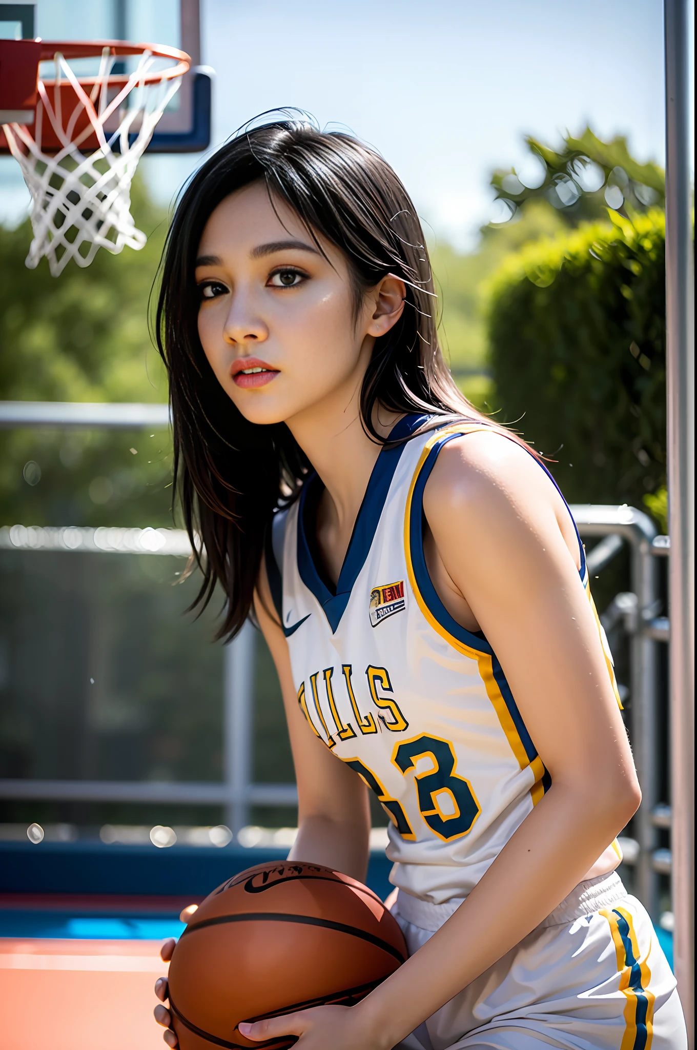 (8k, Best Quality, Masterpiece: 1.2), (Realistic, Realistic: 1.37), Ultra Detailed, Best Quality, Ultra High Resolution, Professional Lighting, Photon Mapping, Radiosity, Physically Based Rendering, Cinematic Lighting, Basketball court, depth of field, clear focus, sunlight, good composition, (bokeh: 1.2) 1girl, solo, (full body), (closed mouth), beautiful and detailed eyes, pose, narrow waist, basketball uniform, black hair , messy hair, long hair blowing in the wind, (ulzzang-6500:1.2) mix4, hiqcgbody