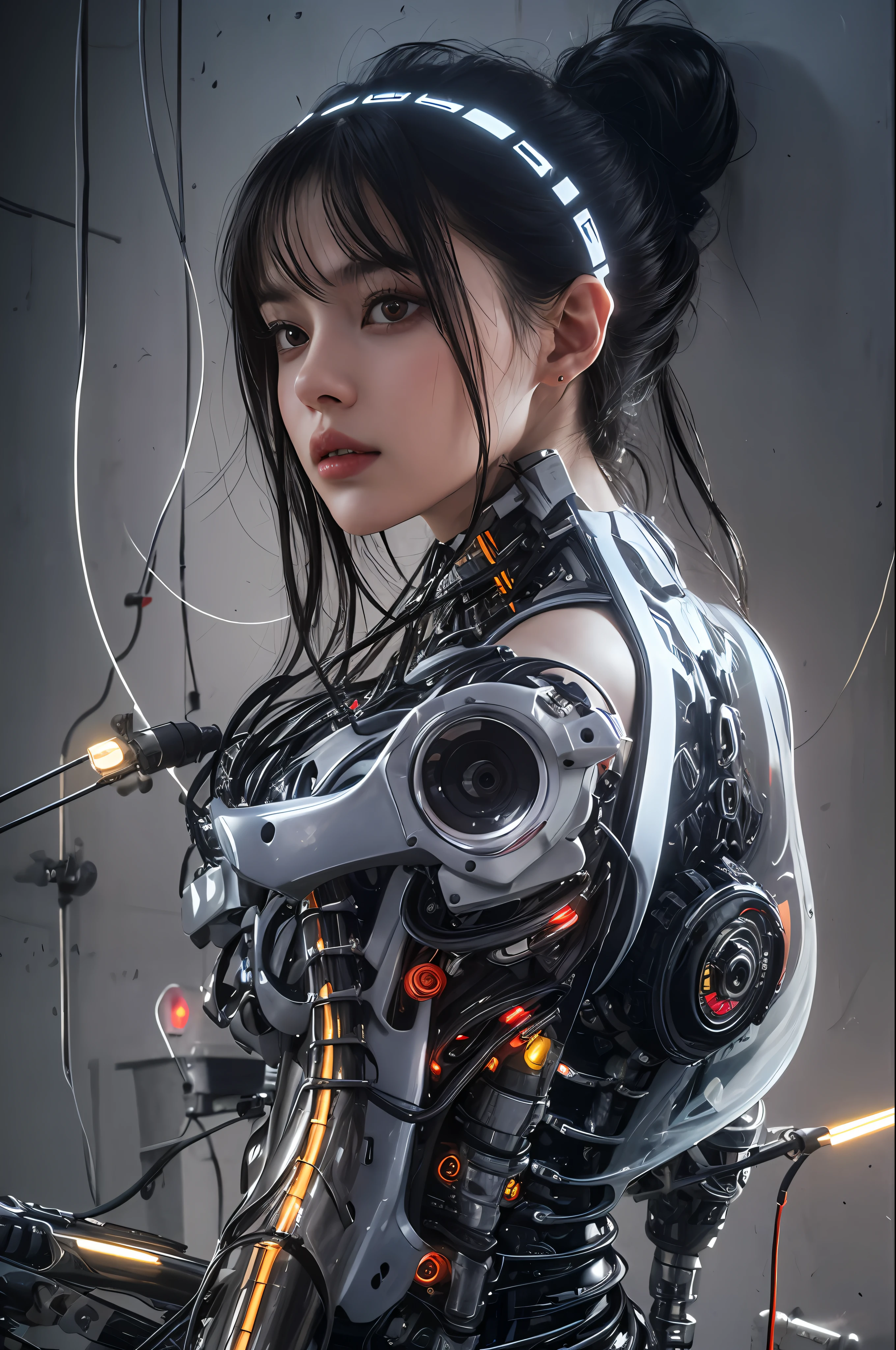 Top Quality, Masterpiece, Ultra High Resolution, (Photorealistic: 1.4), Raw Photo, 1 Girl, Black Hair, Glossy Skin, 1 Mechanical Girl, (Ultra Realistic Detail)), Portrait, Global Illumination, Shadows, Octane Rendering, 8K, Ultra Sharp, Big, Cleavage Exposed Raw Skin, Metal, Intricate Ornament Details, Headset, Hydraulic cylinder, very intricate details, realistic light, CGSoation trend, purple eyes, glowing eyes, facing the camera, neon details, mechanical limbs, blood vessels connected to tubes, mechanical vertebrae attached to the back, mechanical cervical attachment to the neck, sitting, wires and cables connecting to the head, cyberpunk, small LED lamps,