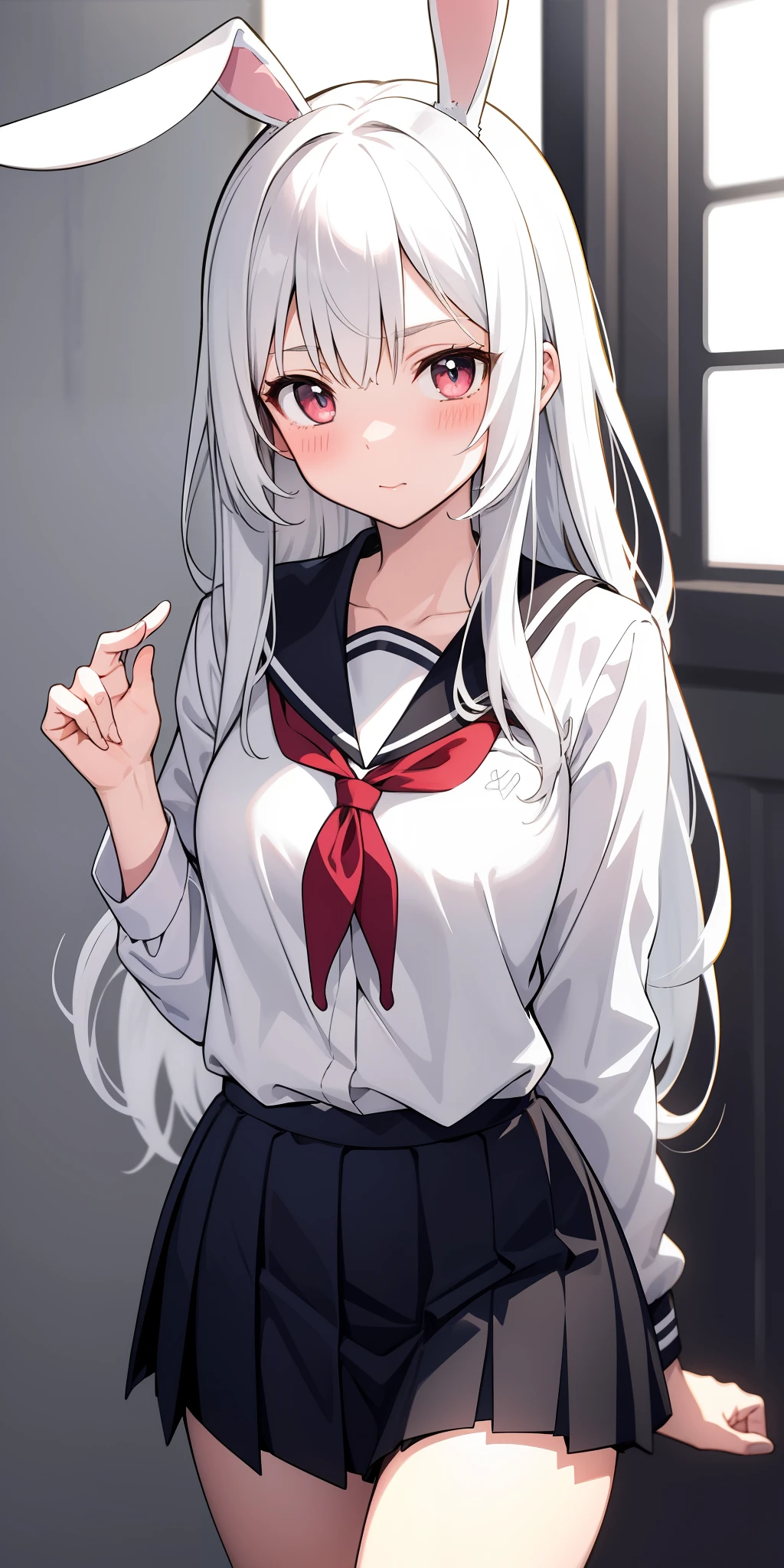 Anime girl with white hair and bunny ears, ruby eyes, shy blush, school uniform, high contrast, soft light