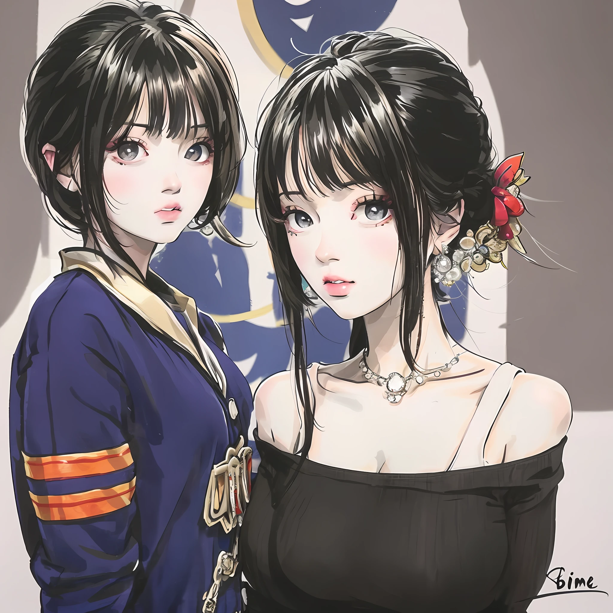 Imagen de estilo anime de dos mujeres vestidas formalmente paradas una al  lado de la otra. - SeaArt AI