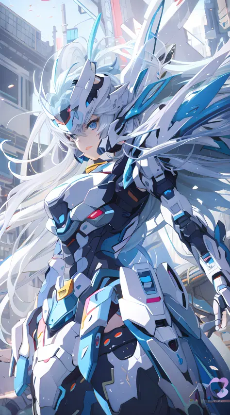 anime character with long white hair and blue eyes and a sword, girl in mecha cyber armor, best anime 4k konachan wallpaper, mec...