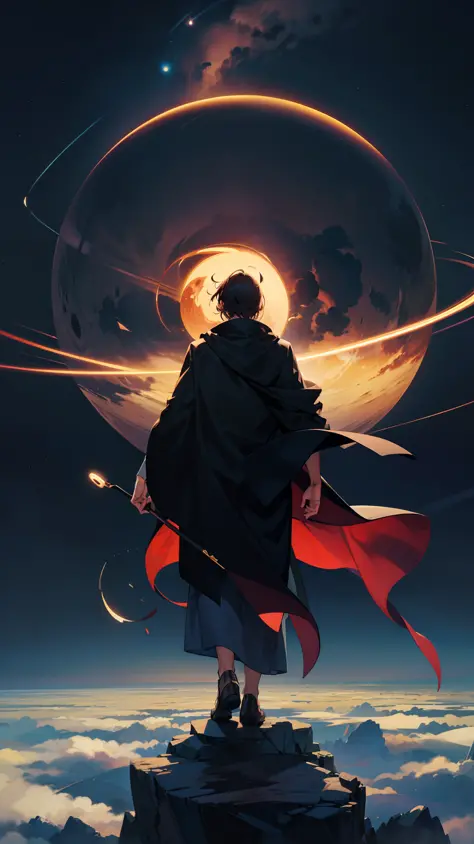 Man wearing cloak and cloak, with his back on top of a mountain, watching gigantic Saturn in the sky