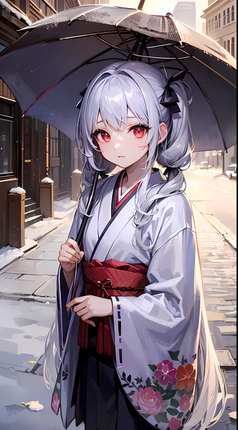 ((masterpiece)), (((best quality))), ((ultra-detailed)), ((illustration)), ((disheveled hair)),((solo)),on the street,snow,snowdrop,
1girl,loli,long hair,((twintail)),red eyes,silver hair,shiny skin,(small chest),hold umbrella,
Kimono girl outfit,
Night,((...