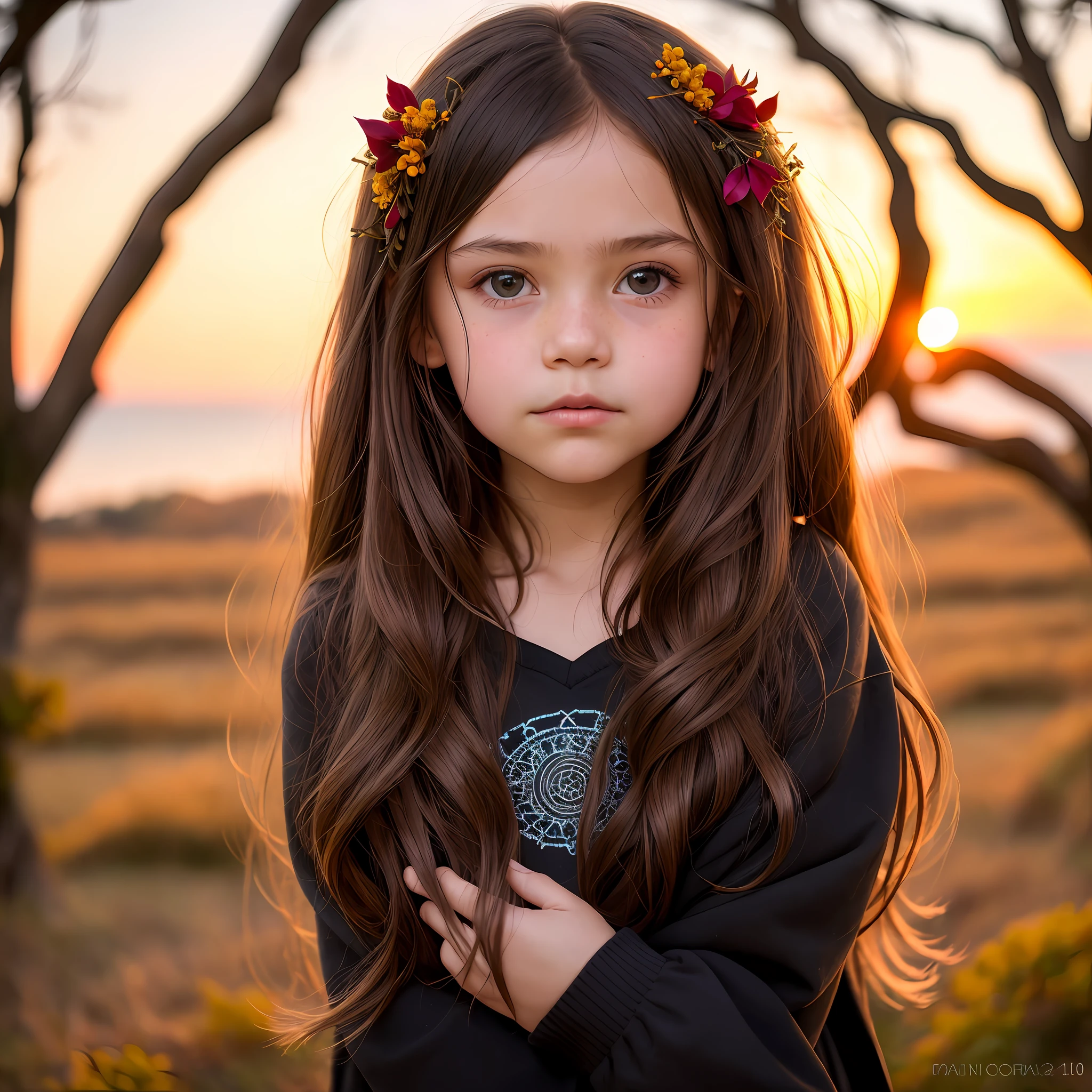 RAW photo, (a portrait photo of 8 year old girl: 1.2), (dark forest), sweatshirt, (highly detailed skin: 1.0), detailed eyes, 8k uhd, dslr, soft lighting, best quality, film grain, Fujifilm XT3, (Girl next door style: 1.2), detailed eyes, long hair, (brown hair:1.1), (shadow:0.1), (black girl:1.3), fantasy, (cinematic lighting, sunset),  wreath, NSFW,