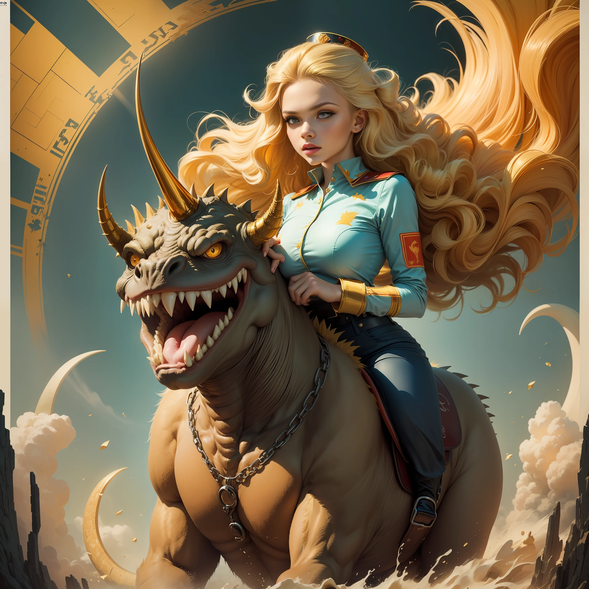 ((CCCP Poster, Soviet Poster)) ((( a beautiful , girl, golden hair))), ((( riding a wild angy monster))) propaganda Poster, Poster design, poster art style. 1940s, 1950s, 1960s, basic colour scheme, Very colourful poster, colour art, thirds rule, inspiring, dynamic perspective