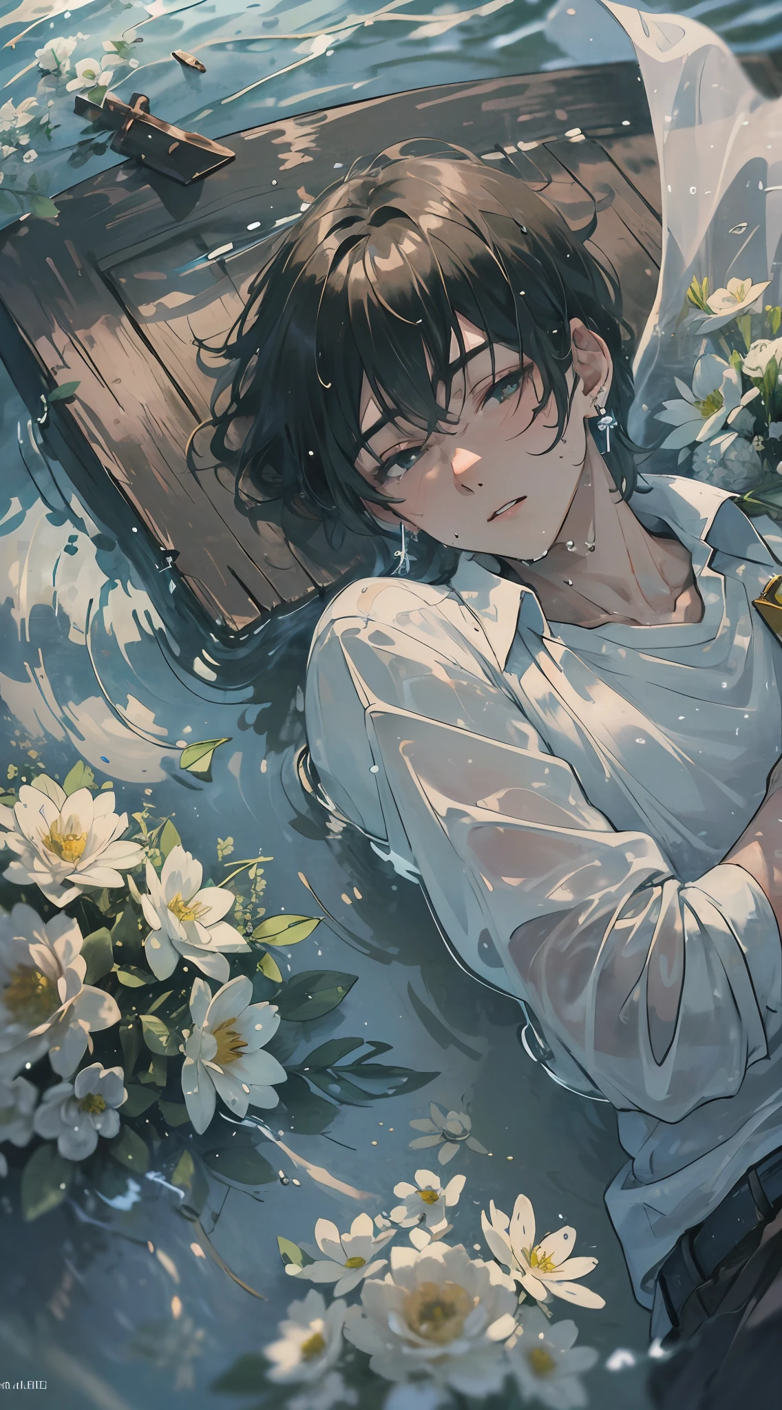 1boy, boy, teenager, young man, physically based rendering, professional lighting, extreme detail, white shirt, bouquet, cross earrings, lying on water, high brightness, refreshing, soft light, ((single))), (solo), lying down, wet, transparent shirt
