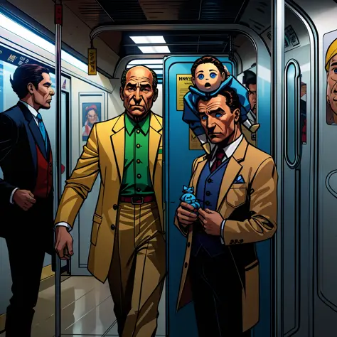 Man with a doll face and other wooden dolls inside a subway causing panic