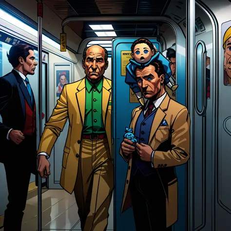 man with a doll face and other wooden dolls inside a subway causing panic