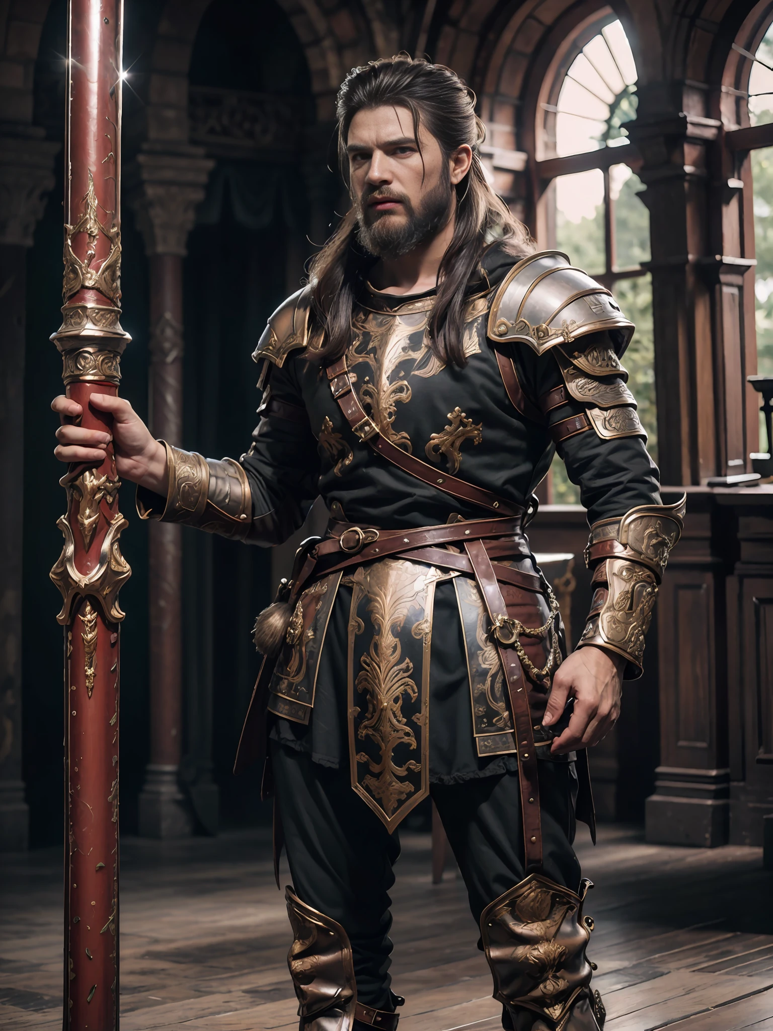 1homem, solo, guerreiro viking macho com capacete e capa vermelha, longos cabelos pretos, zangado, extremely beautiful young man, hora prateado, fotorrealista, alto contraste, 8k HD, detalhado, hiper-detalhado, textura de pele realista, cabelo loiro, melhor qualidade, ultra alta res, foto crua, dramatic illumination, motor irreal, brilho difuso intrincado eaba prateado, capa preta, campo de batalha, Standing