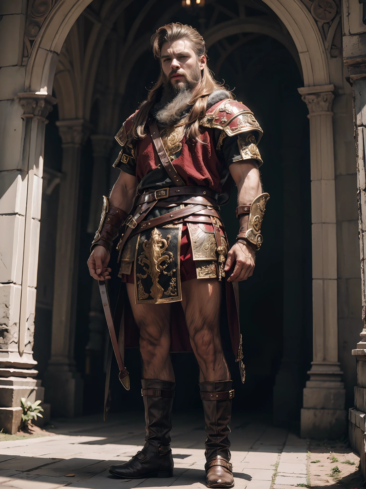 1homem, solo, guerreiro viking macho com capacete e capa vermelha, longos cabelos pretos, zangado, extremely beautiful young man, hora prateado, fotorrealista, alto contraste, 8k HD, detalhado, hiper-detalhado, textura de pele realista, cabelo loiro, melhor qualidade, ultra alta res, foto crua, dramatic illumination, motor irreal, brilho difuso intrincado eaba prateado, capa preta, campo de batalha, Standing