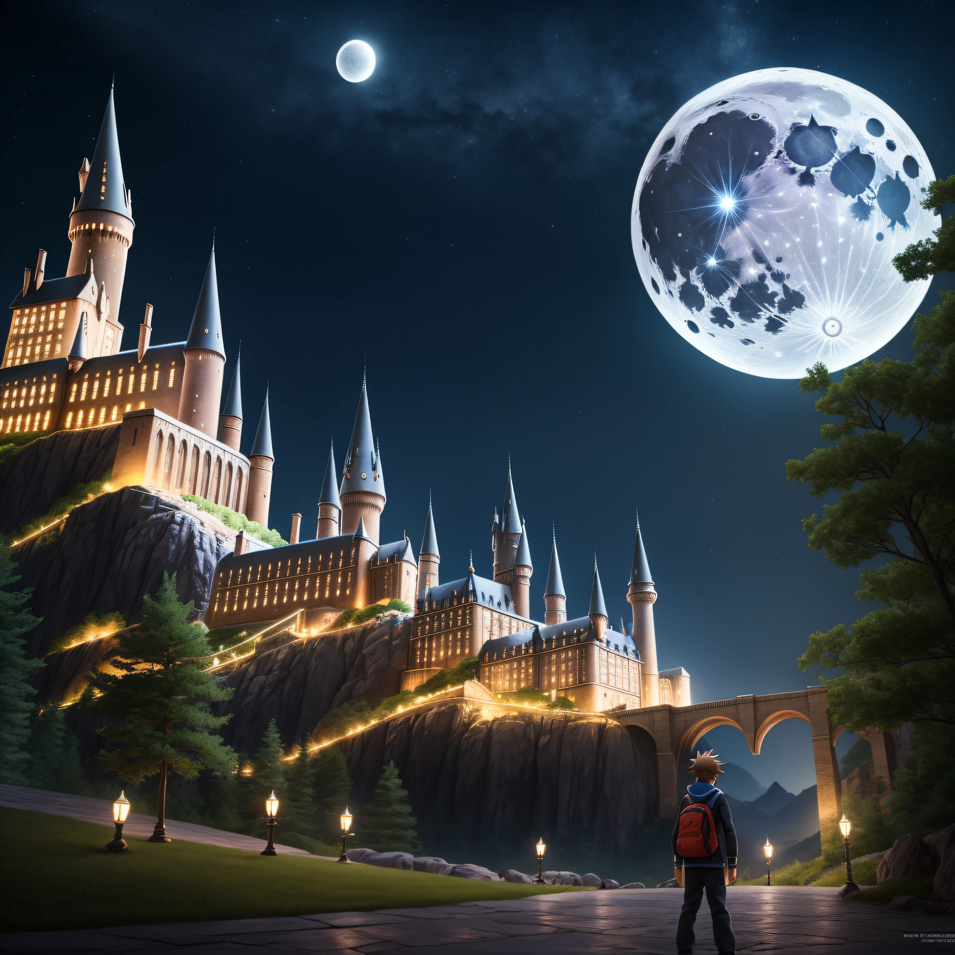 1 menino, Sora(kh), parado em uma colina em frente a Hogwarts, "período noturno", "lua Branca:1.5". detalhe intrincado, altamente detalhado, arte de Nomura Tetsuya, 8K