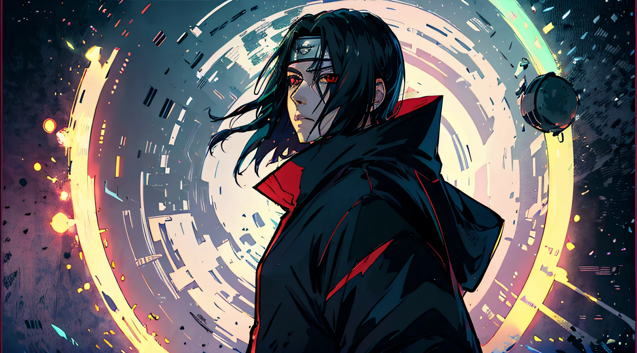 uchiha itachi atravessado um portal, tons suaves, cores calmas, (realista), detalhado, obra-prima, 8k, melhor qualidade, detalhado