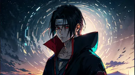 uchiha itachi atravessado um portal, tons suaves, cores calmas, (realista), detalhado, obra-prima, 8k, melhor qualidade, detalha...