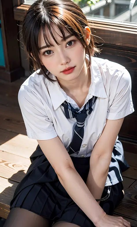 ULZZANG-6500-v1.1, (RAW PHOTO:1.2), (photot-REALISTIC，:1.4), ((Take a picture with the camera from above、Looking up、staring at camera、Gazing from above with a camera、Take a photo from above))beautiful detailed girls, highly detailed eyes and faces, Beautif...