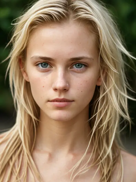 medium close-up photo, attractive and stunning blonde girl (short and messy hair) Nordic 18 years old, detailed (detailed bright eyes, thin nose, (looking at the camera), (photograph by Steve McCurry), specular lighting, dslr, ultra quality, sharp focus, s...
