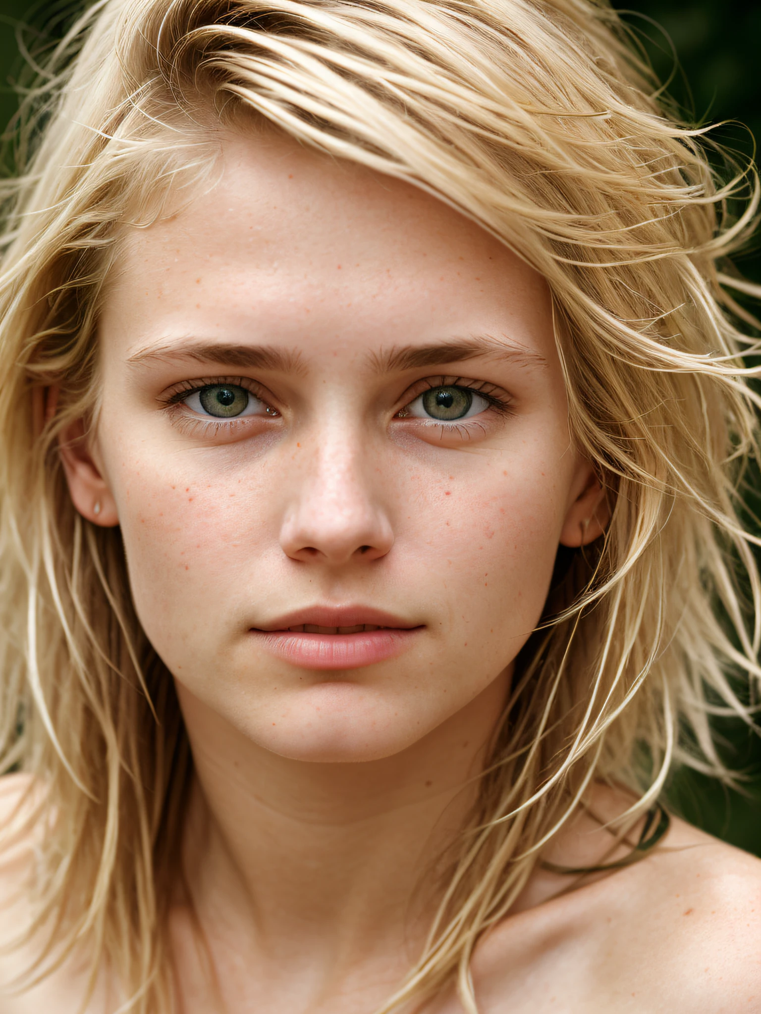 medium close-up photo, attractive and stunning blonde girl (short and messy hair) Nordic 18 years old, detailed (detailed bright eyes, thin nose, (looking at the camera), (photograph by Steve McCurry), specular lighting, dslr, ultra quality, sharp focus, sharp, dof, film grain, centered, Fujifilm XT3, crystal clear