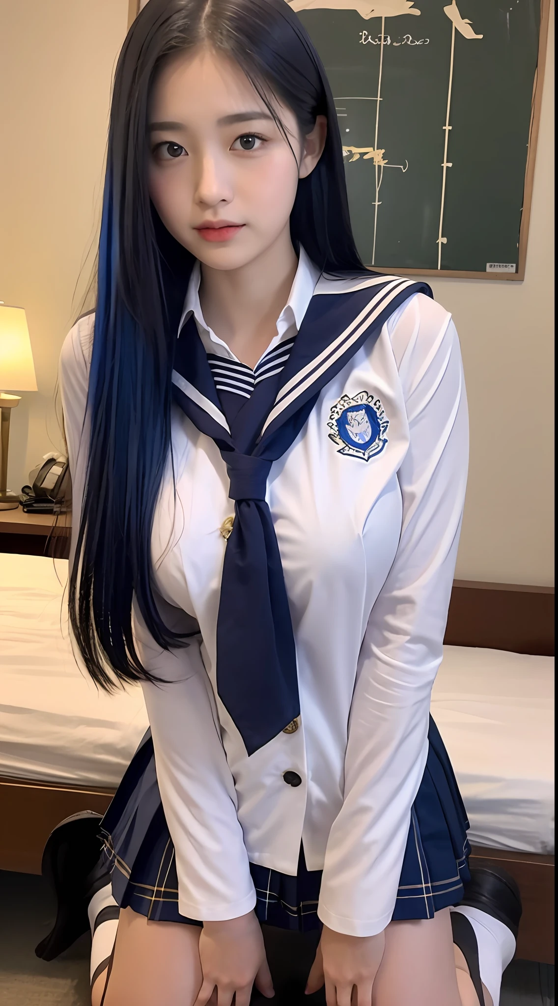 Arafed asian woman in a uniform posing in a bedroom - SeaArt AI