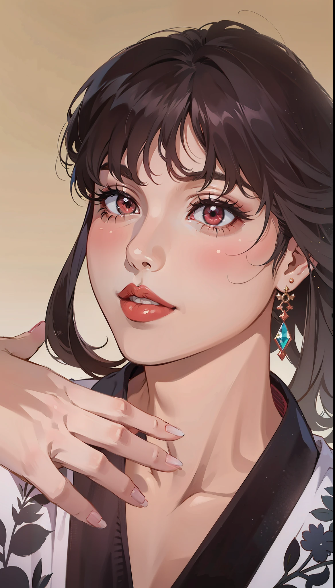 (masterpiece),(best quality:1.0), (ultra highres:1.0), detailed illustration, 8k, anime, 1girl, beautiful anime girl, wearing a black t-shirt, intricate details, red eyes, detailed eyes, black hair, detailed hair detailed, highlights on hair, slight smile, red lips, red lipstick, pretty lips, anime style, best quality, detailed