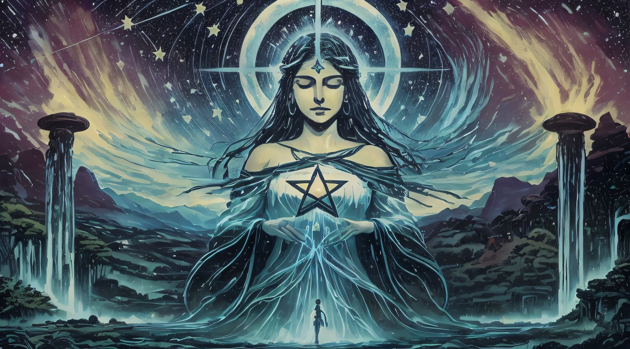 The card "The Star" in the Tarot is an image of hope and renewal. It depicts a, kneeling on the edge of a river, pouring water from two jugs. Above it, a bright star illuminates the night sky. The woman represents the connection between heaven and earth, and the water symbolizes the spiritual energy flowing into the physical world. The Star card evokes feelings of optimism, confidence and healing. It reminds us that even in the darkest moments, there is a bright light that guides us. The star in the sky represents divine guidance, showing us the way forward. It brings with it a sense of peace and tranquility, inviting us to connect with our intuition and follow our deepest dreams. The Star card encourages us to have hope, believe in ourselves, and seek inner harmony. It reminds us that we are able to heal, transform, and manifest our highest aspirations. The presence of the Star card in a reading often indicates a period of renewal, inspiration, and spiritual protection. It invites us to trust in our journey and to have faith in a better future.