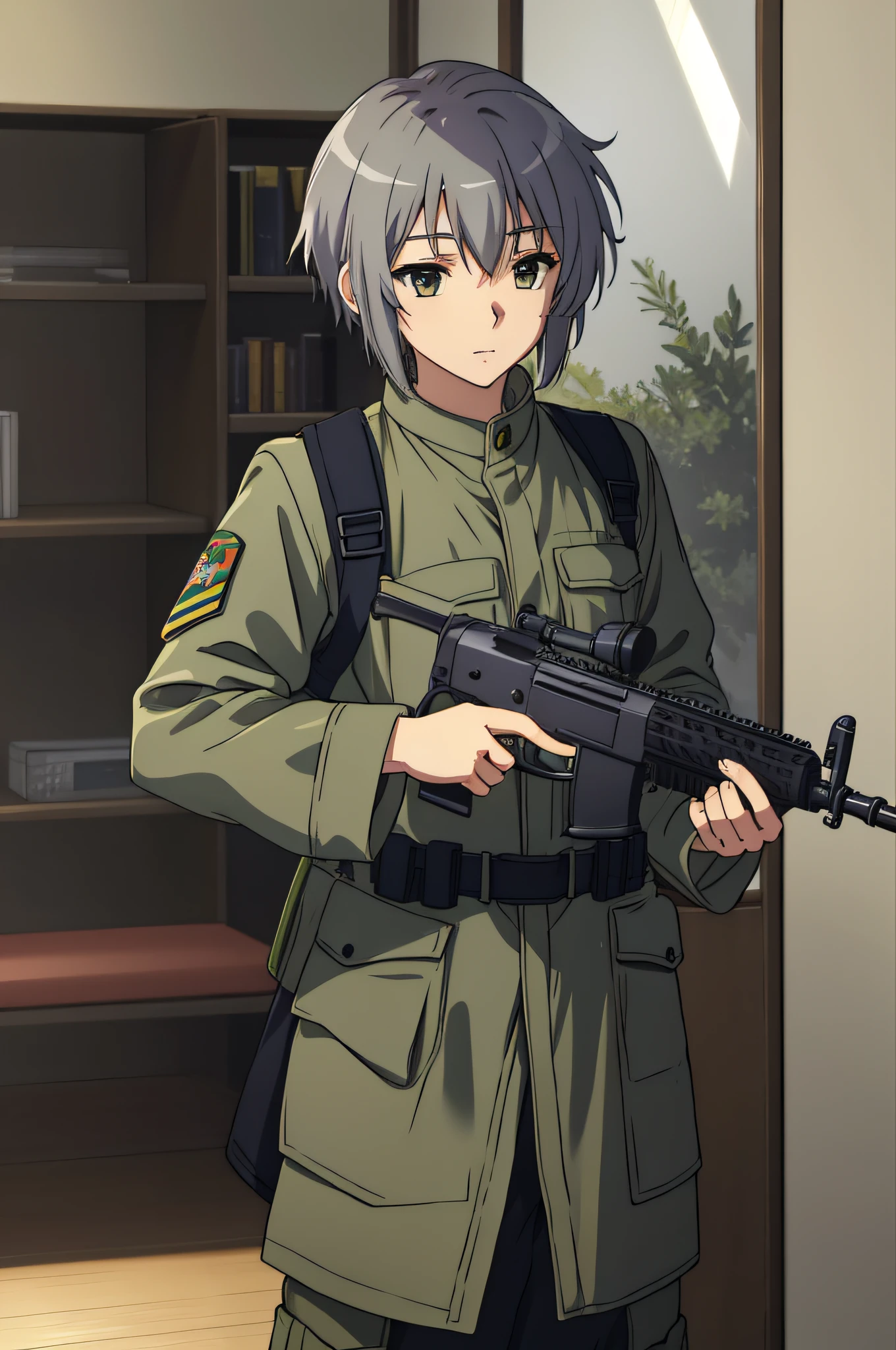 (obra de arte, melhor qualidade),  detalhes intrincados
yuki nagato, uniforme do exército verde-oliva, segurando rifle