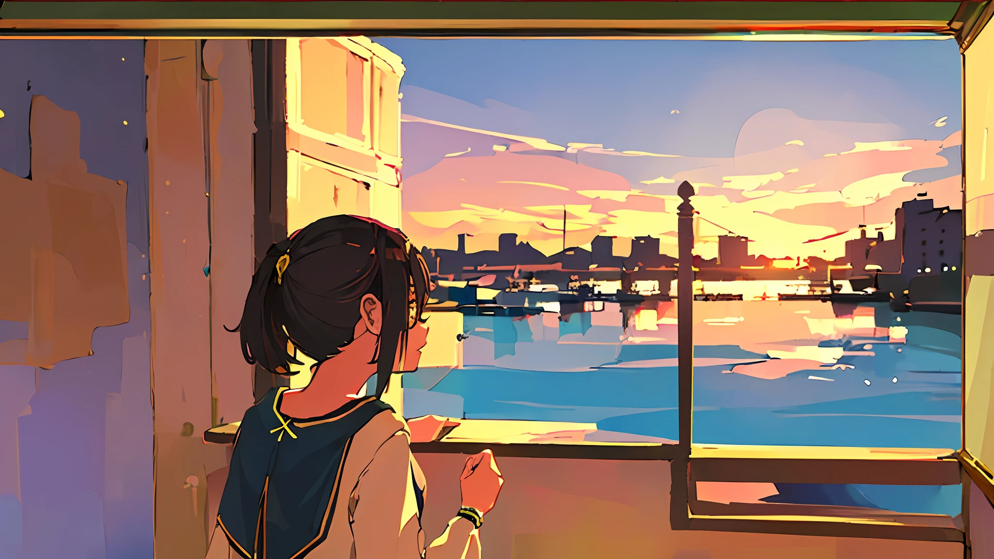 (((1girl, Sozinho))), scenery, cidade, golden hour, frame de anime, raio de luz