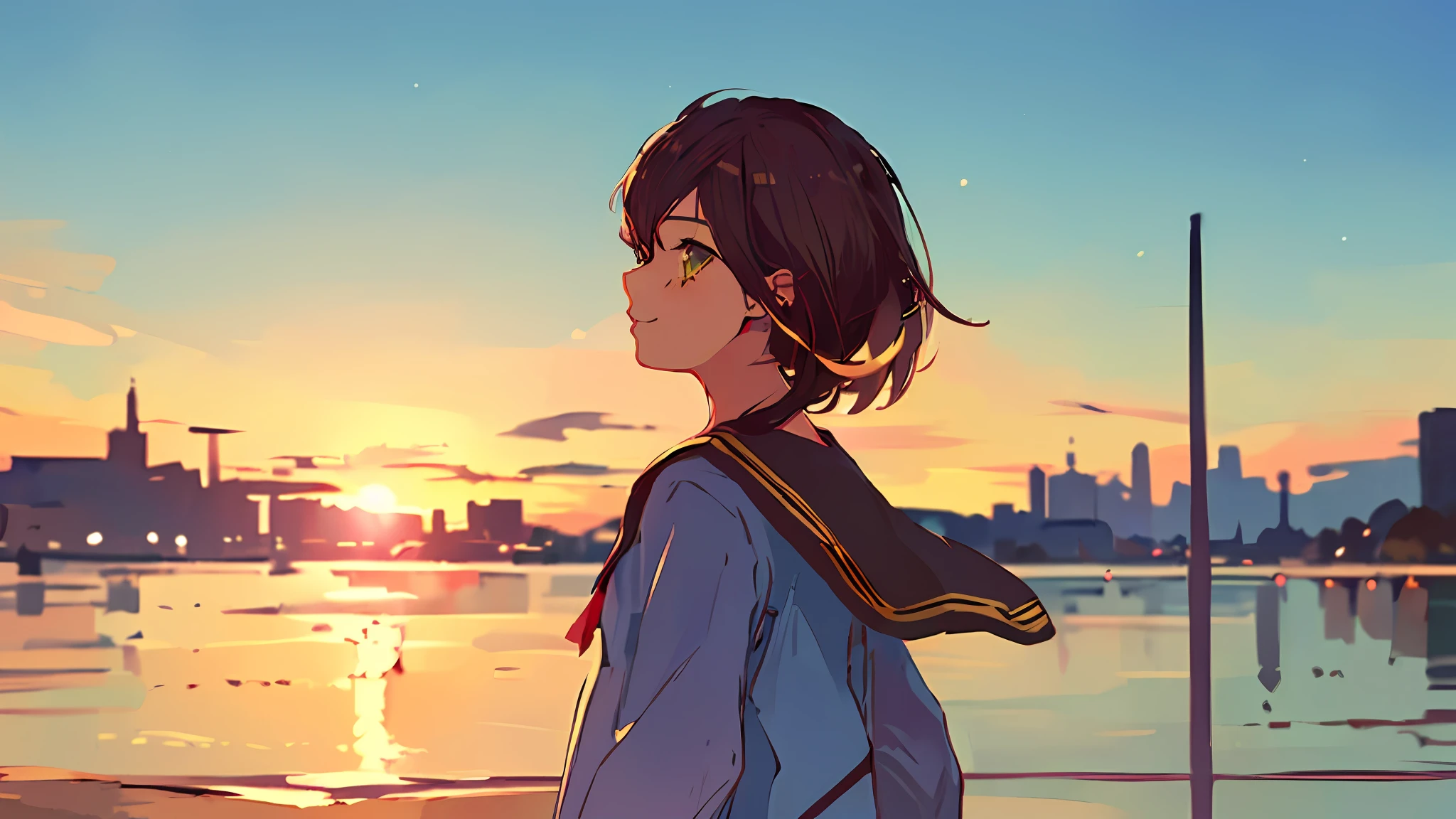 (((1girl, Sozinho))), scenery, cidade, golden hour, frame de anime, raio de luz