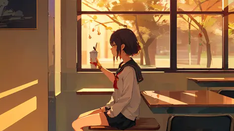 (((1girl, sozinho))), urban setting, sentada em uma cafeteria, golden hour, frame de anime, raio de luz