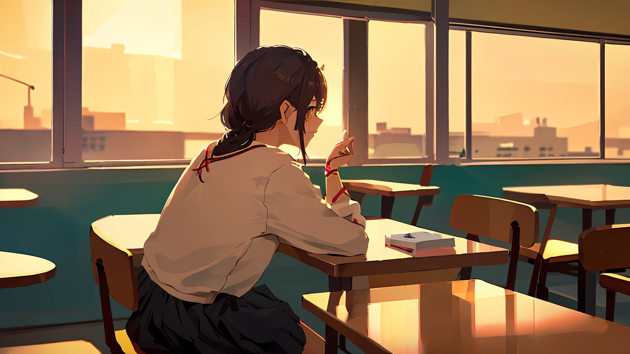 (((1girl, Sozinho))), urban setting, sentada em uma cafeteria, golden hour, frame de anime, raio de luz