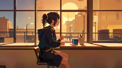 (((1girl, sozinho))), urban setting, sentada em uma cafeteria, golden hour, frame de anime, raio de luz