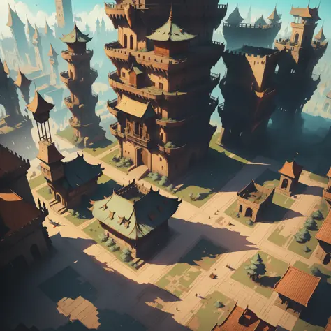 There is an image of an image of a city with a sky background, loading screen. 8K resolution, just visited during dreams, fantasy world concept, cyberpunk ancient chinese castle, in front of a fantasy city, from Bravely Default II, from NCSofil, charming a...