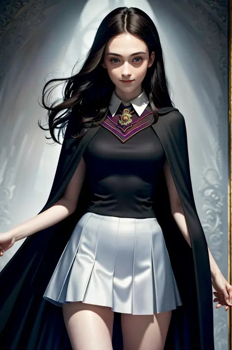 (best quality, masterpiece1.2), (detailed eye: 1.2), intricate detail, 1girl, harry_potter, Hogwarts school uniform, looking at the viewer, smile, black hair, straight hair, pale skin, skirt, cape,