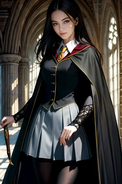 (best quality, masterpiece1.2), (detailed eye: 1.2), intricate detail, 1girl, harry_potter, Hogwarts school uniform, looking at the viewer, smile, black hair, straight hair, pale skin, skirt, cape,