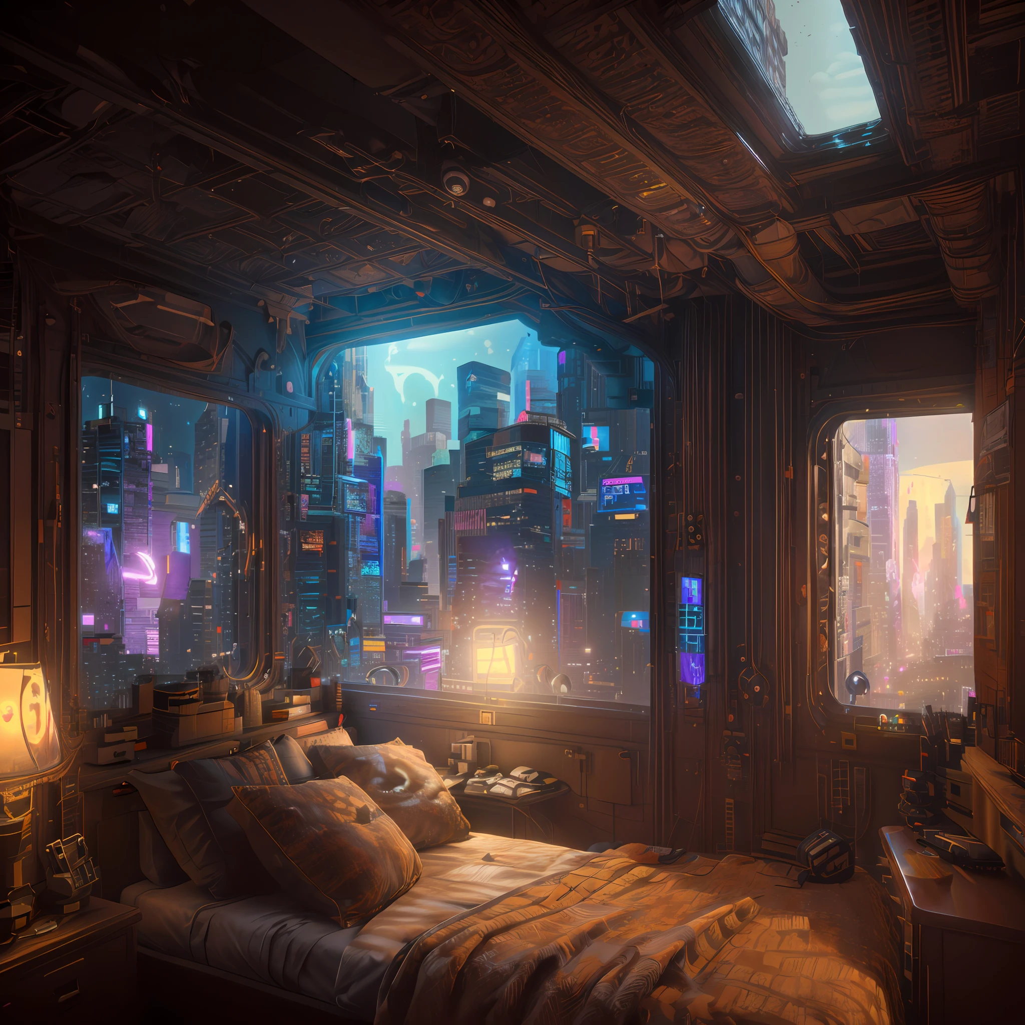 Es gibt ein Bett mit einem großen Fenster in einem Zimmer, Cyberpunk-Schlafzimmer bei Nacht, cyberpunk teenager bedroom, cyberpunk dreamscape, in a cyberpunk themed room, die Cyberpunk-Wohnung, cyberpunk apartment, Cyberpunk-Kinderzimmer, hyper-realistic cyberpunk style, dystopische Stadtwohnung, 3D-Rendering von Beeple, cyberpunk art ultrarealistic 8k, hyper realistic cyberpunk city, futuristisches Cyberpunk-Szenario