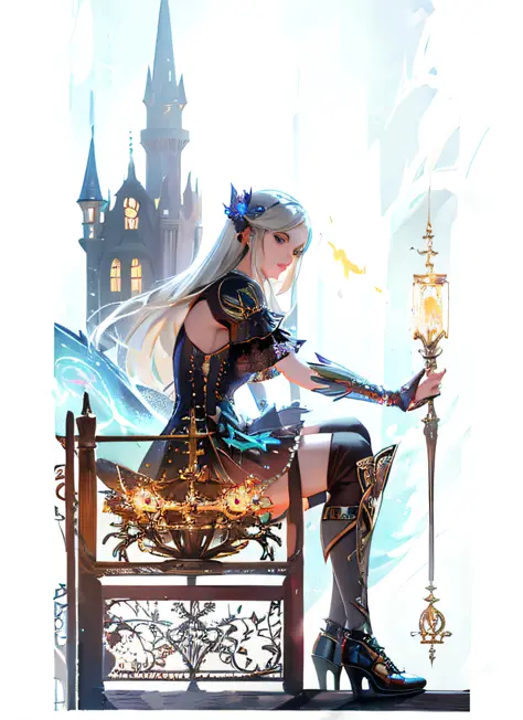 imagem de uma mulher sentada em uma cerca com uma espada, artista de fantasia, estilo de arte de fantasia, linda donzela fantasi...