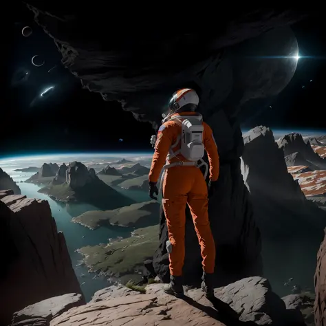 Highly detailed RAW color Photo, Rear Angle, Full Body, of (female space soldier, wearing orange and white space suit, helmet, tined face shield, rebreather, accentuated booty), outdoors, (leaning over rocky ledge, looking out at advanced alien structure),...