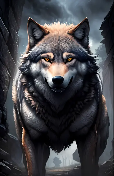(((work of art))), better quality, detailed illustration in CG, mystical and mysterious figure of a wolf, fierce and intimidating expression, in an angry pose, defined wolf muscles
